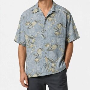 Campia Moda Mens Large Blue Pineapple Floral Rayon Short Sleeve Hawaiian Shirt